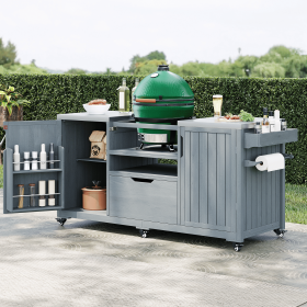 66.5" Outdoor Kitchen Island for Big Green Egg Grills, Solid Wood Outdoor Grill Cart for Tabletop Grill with Stainless Steel Top, Drawer (material: Wood + Stainless Steel, Color: Grey+Blue)